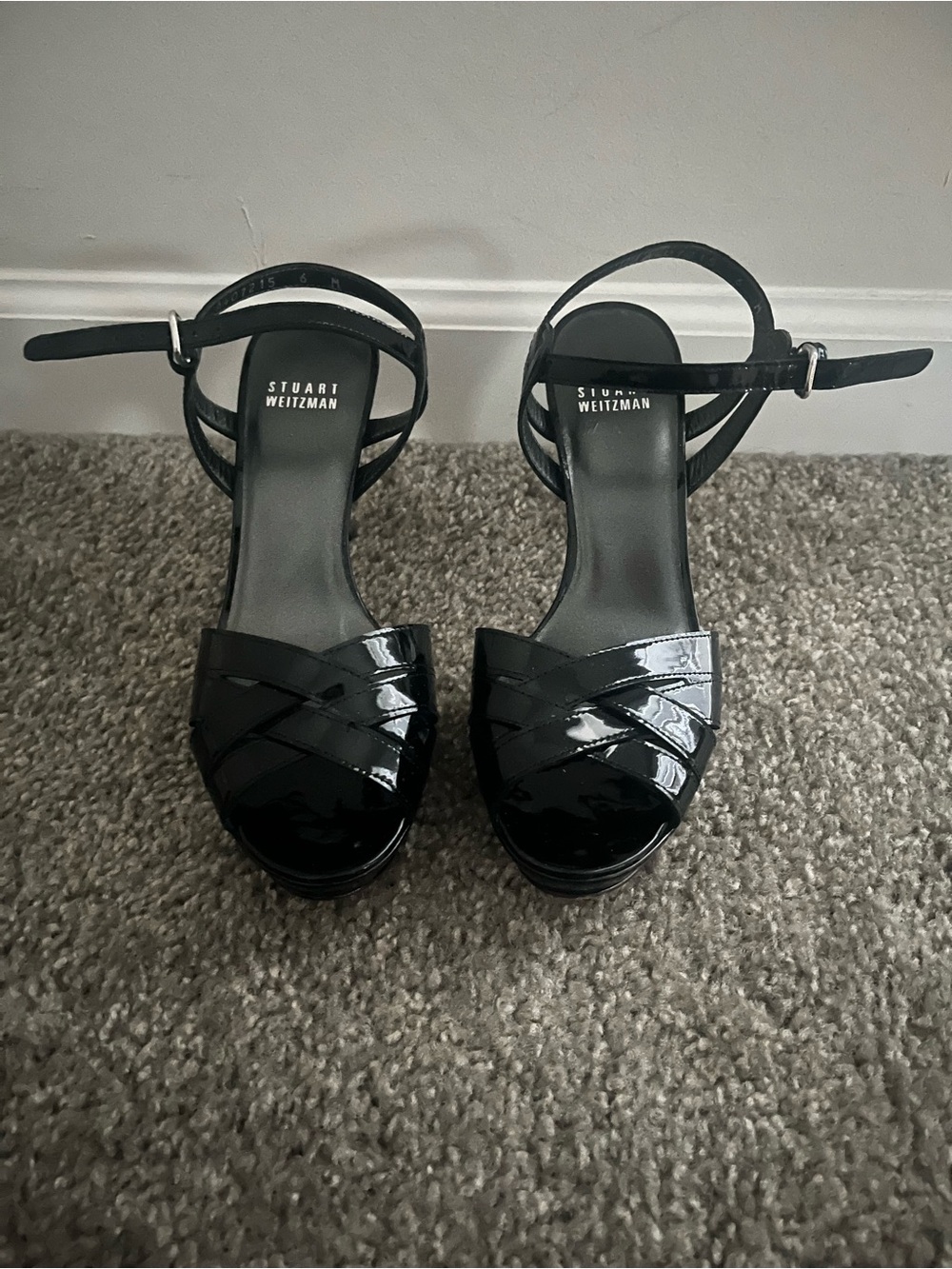 Stuart Weitzman Black Patent Braided-Toe Ankle-Strap Heels
